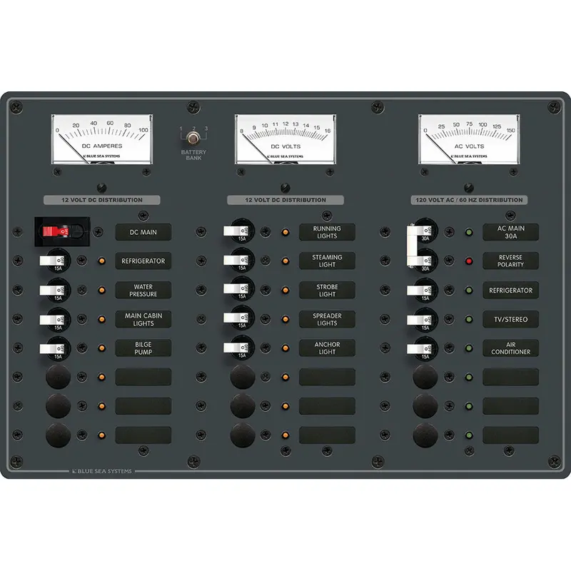 Blue Sea Systems 8084 Dual-Power Panel: Ac Main +6 & Dc Main +15 Toggle Breakers 1