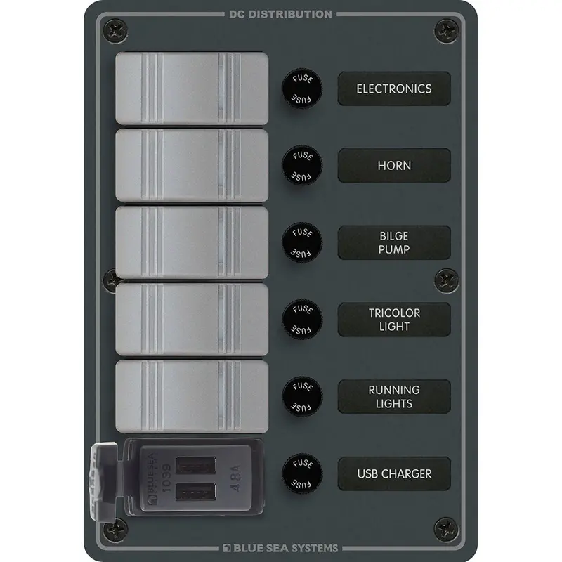 Blue Sea Systems 8121 Contura Switch Panel – 5-Circuit With Dual Usb Chargers, 12/24V Dc, Black [8121] 1