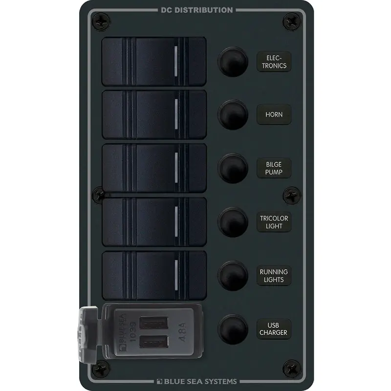 Blue Sea Systems 8521 Contura Switch Panel – 5-Circuit With Dual Usb Chargers, 12/24V Dc, Black [8521] 1